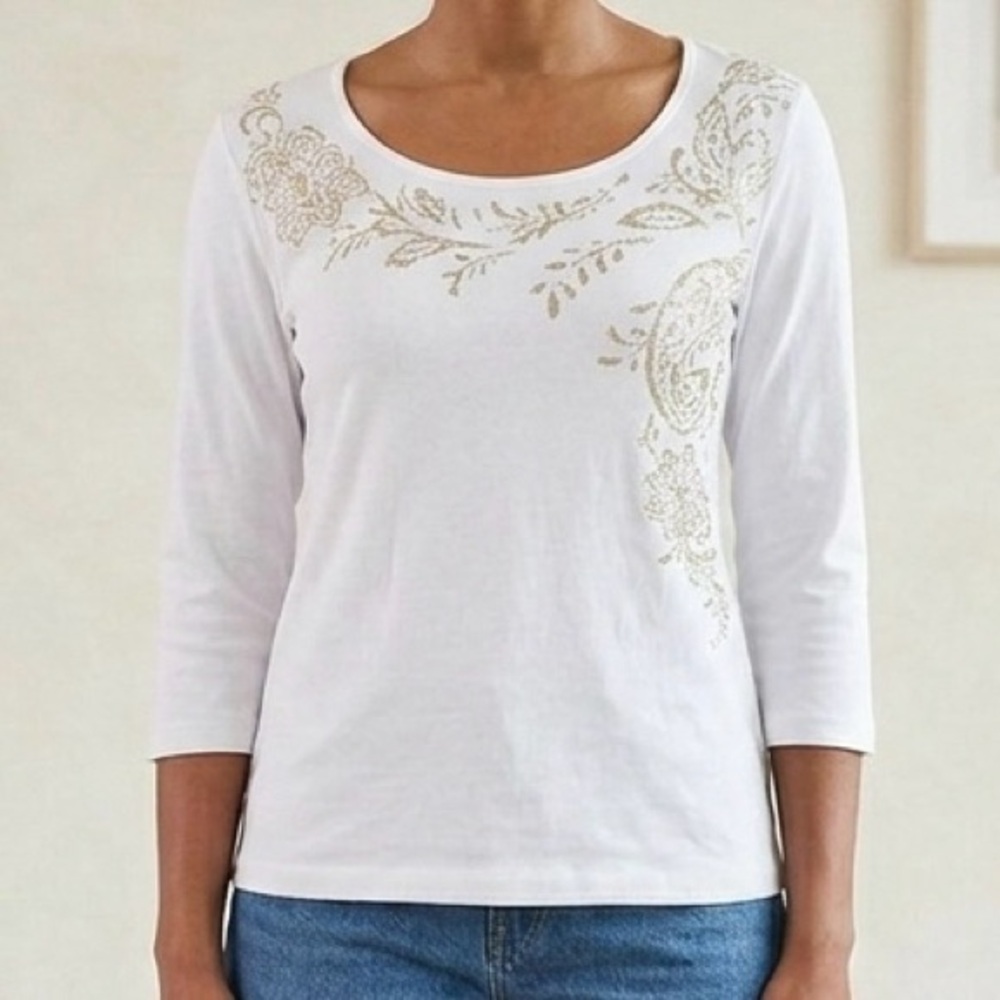 CHAPS 100% Cotton Gold Metallic Floral Paisley 3/4 Sleeve Top White M Boho Coast - Picture 2 of 9